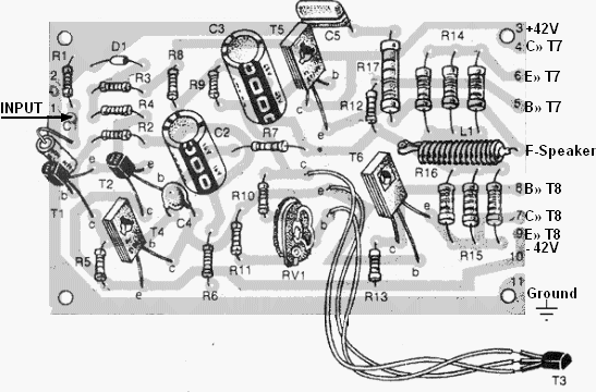 100W audio amplifier components layout